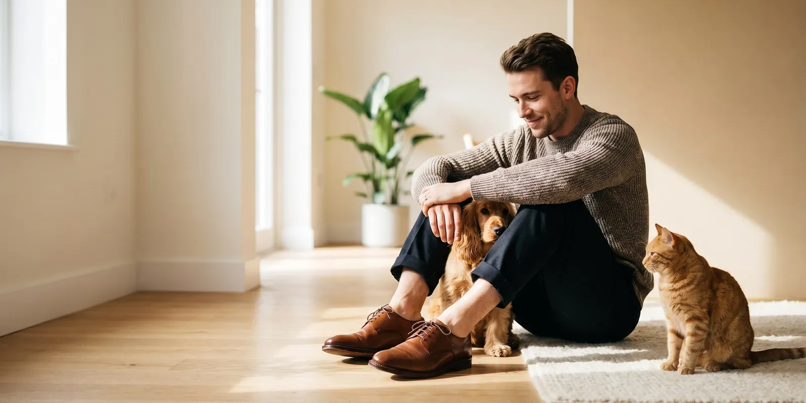 photo — the founder at home with a dog and a cat