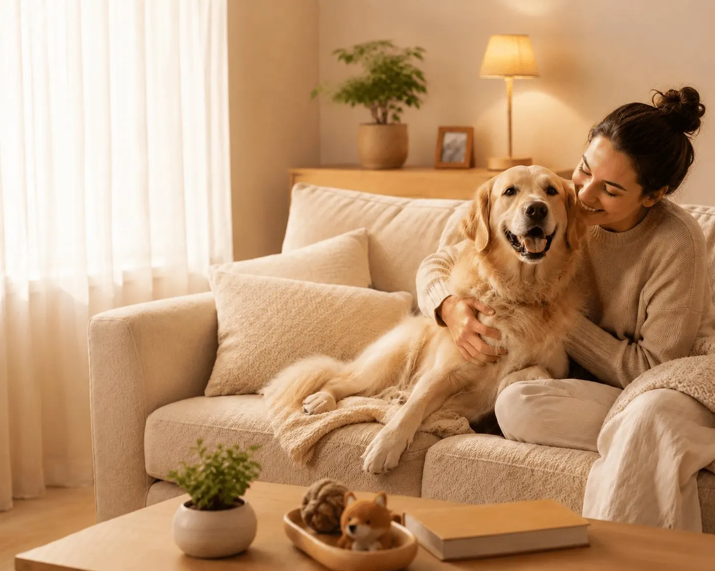 hero — woman hugging her dog on the sofa, warm light